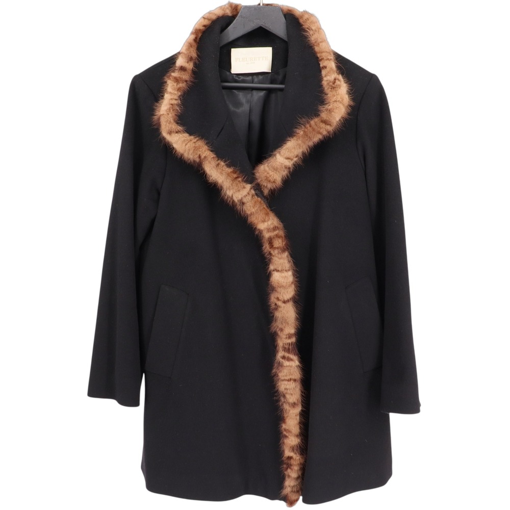 Fleurette Black Loro Piana Wool Coat Mink Fur Trim Made in USA Womens Size 4